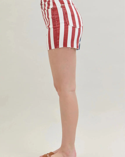 Judy Blue High Waist Americana Flag Fray Hem Shorts 150273 - Sleekdenim.com