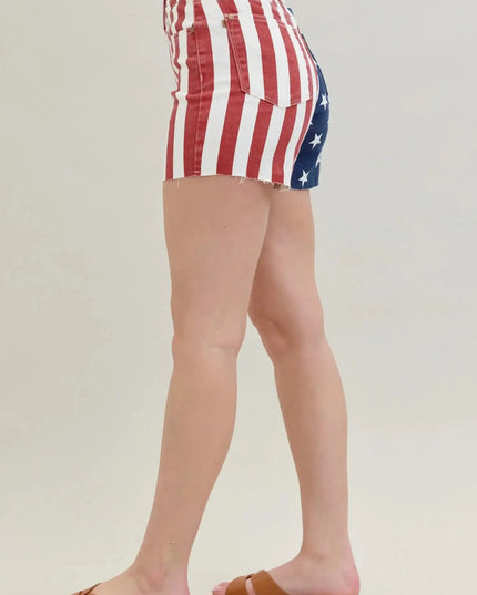 Judy Blue High Waist Americana Flag Fray Hem Shorts 150273 - Sleekdenim.com