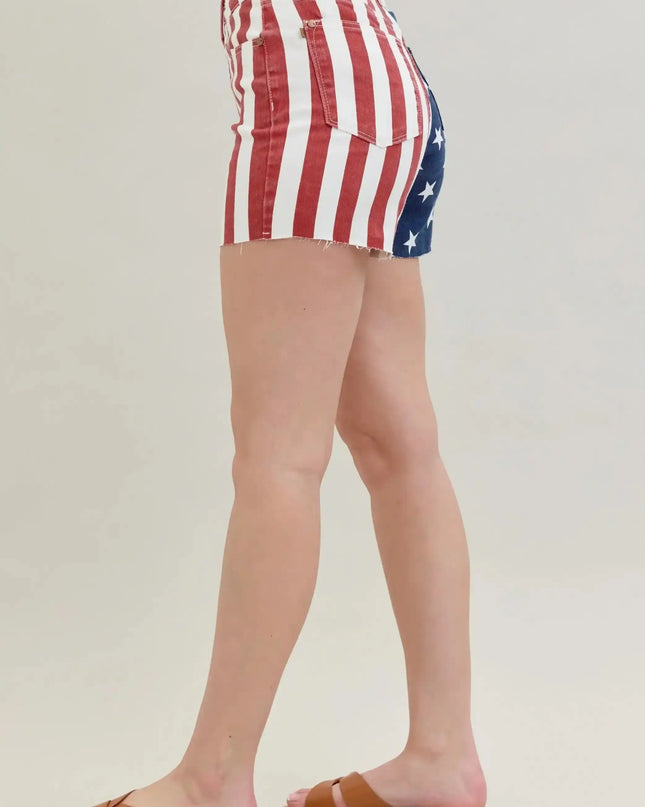 Judy Blue High Waist Americana Flag Fray Hem Shorts 150273 - Sleekdenim.com