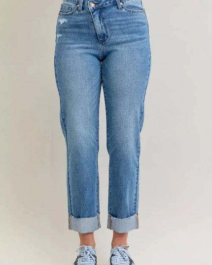 Judy Blue High Waist Bf Criss-cross Mild Destroy Jeans with Single Cuff - Sleekdenim.com