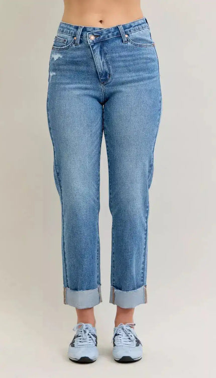 Judy Blue High Waist Criss-Cross Mild Destroy Single Cuff Boyfriend Denim Jeans 881003 - Sleekdenim.com
