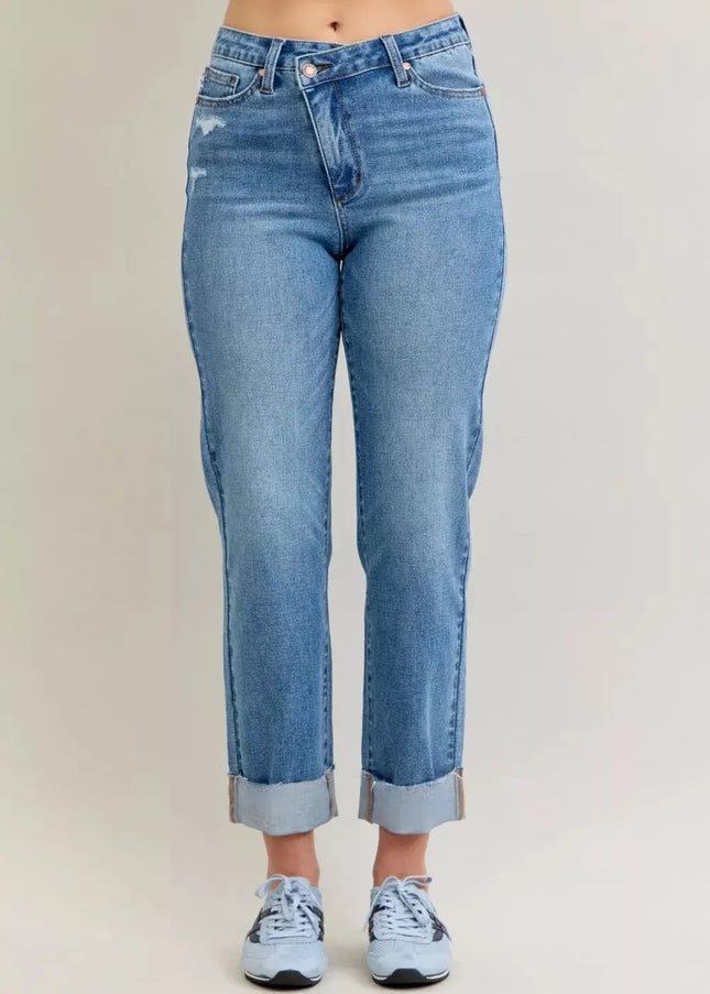 Judy Blue High Waist Bf Criss-cross Mild Destroy Jeans with Single Cuff - Sleekdenim.com
