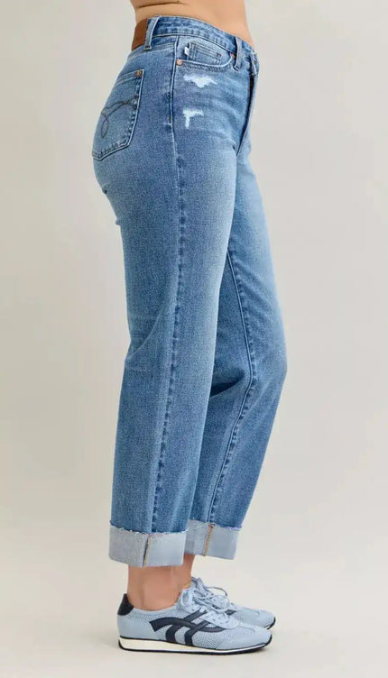 Judy Blue High Waist Criss-Cross Mild Destroy Single Cuff Boyfriend Denim Jeans 881003 - Sleekdenim.com