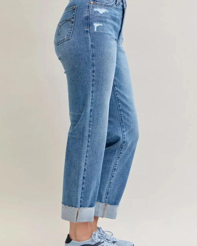 Judy Blue High Waist Bf Criss-cross Mild Destroy Jeans with Single Cuff - Sleekdenim.com