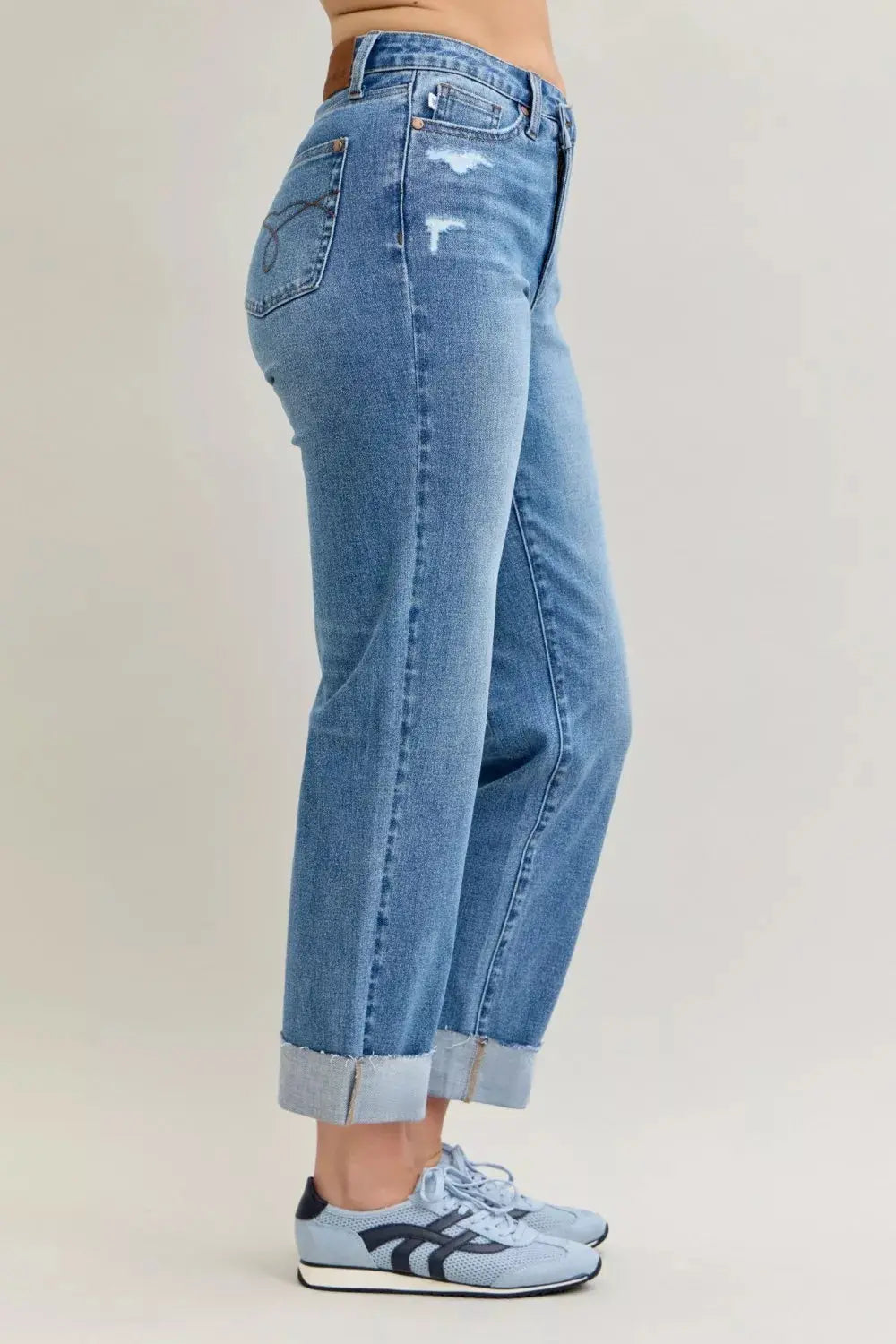 Judy Blue High Waist Bf Criss-cross Mild Destroy Jeans with Single Cuff - Sleekdenim.com