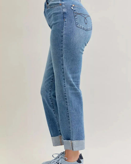 Judy Blue High Waist Bf Criss-cross Mild Destroy Jeans with Single Cuff - Sleekdenim.com
