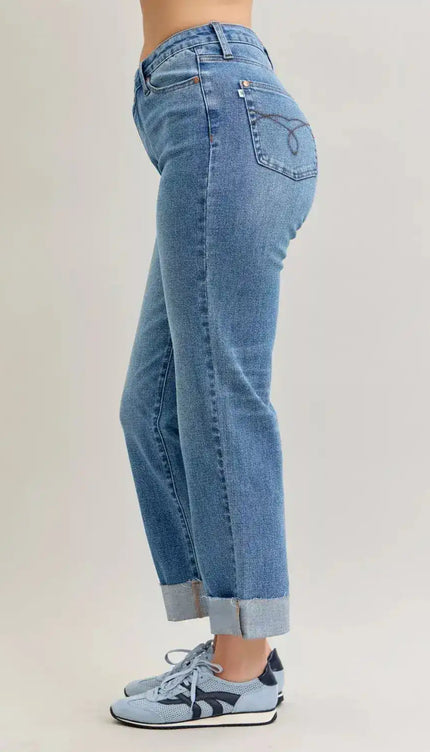 Judy Blue High Waist Criss-Cross Mild Destroy Single Cuff Boyfriend Denim Jeans 881003 - Sleekdenim.com