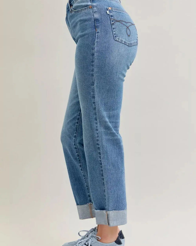 Judy Blue High Waist Bf Criss-cross Mild Destroy Jeans with Single Cuff - Sleekdenim.com