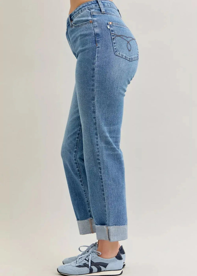 Judy Blue High Waist Bf Criss-cross Mild Destroy Jeans with Single Cuff - Sleekdenim.com
