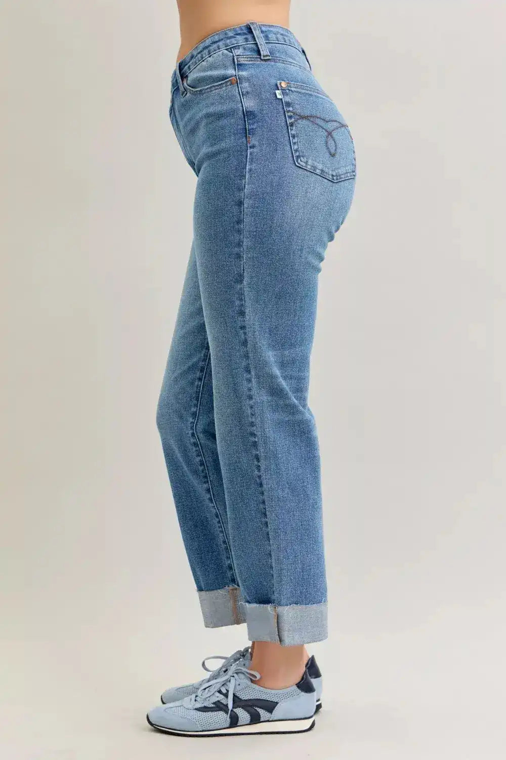 Judy Blue High Waist Criss-Cross Mild Destroy Single Cuff Boyfriend Denim Jeans 881003 - Sleekdenim.com