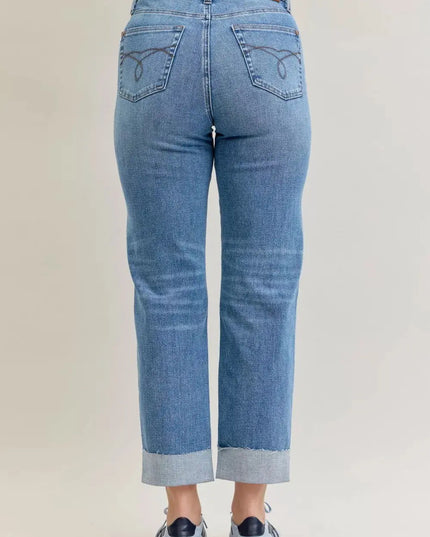 Judy Blue High Waist Bf Criss-cross Mild Destroy Jeans with Single Cuff - Sleekdenim.com