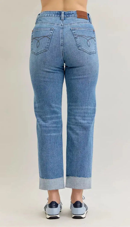Judy Blue High Waist Criss-Cross Mild Destroy Single Cuff Boyfriend Denim Jeans 881003 - Sleekdenim.com