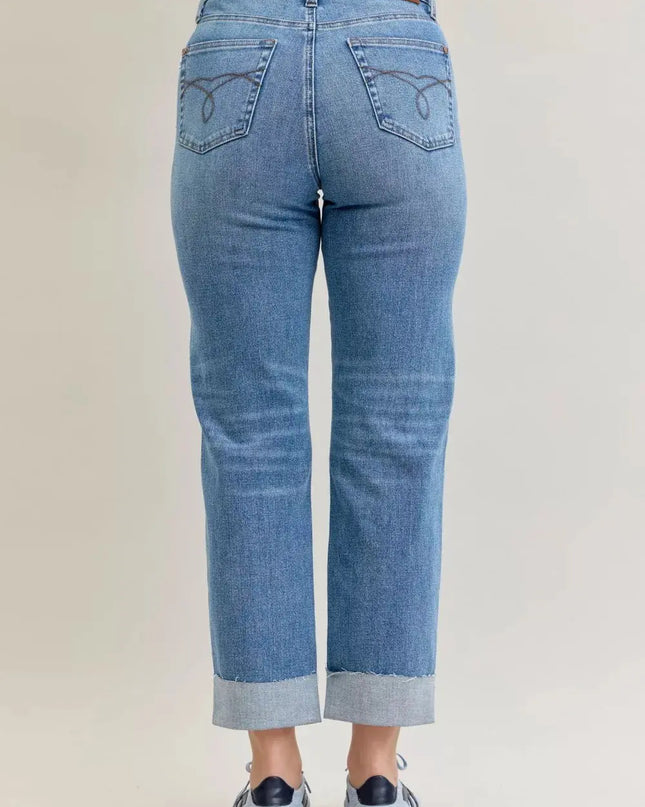 Judy Blue High Waist Bf Criss-cross Mild Destroy Jeans with Single Cuff - Sleekdenim.com