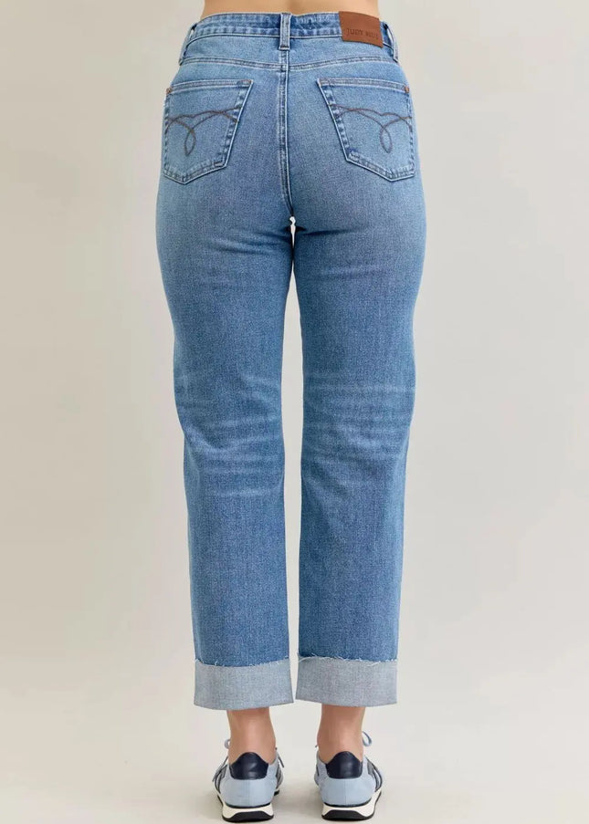 Judy Blue High Waist Bf Criss-cross Mild Destroy Jeans with Single Cuff - Sleekdenim.com