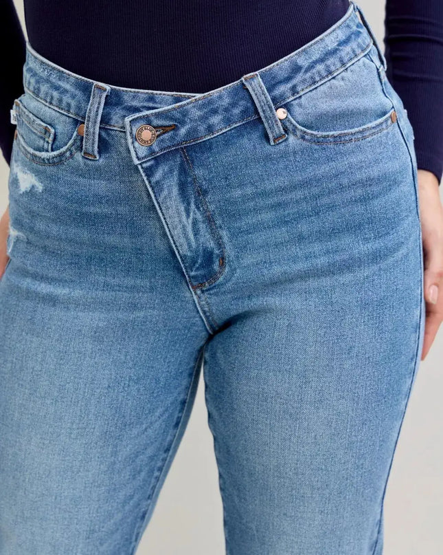 Judy Blue High Waist Bf Criss-cross Mild Destroy Jeans with Single Cuff - Sleekdenim.com