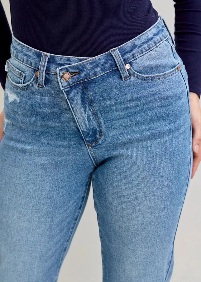 Judy Blue High Waist Bf Criss-cross Mild Destroy Jeans with Single Cuff - Sleekdenim.com