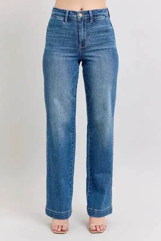 Judy Blue High Waist Contrast Thread Straight 88596 - Sleekdenim.com