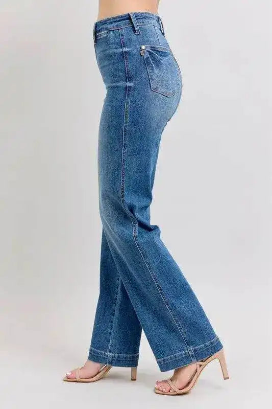 Judy Blue High Waist Contrast Thread Straight 88596 - Sleekdenim.com