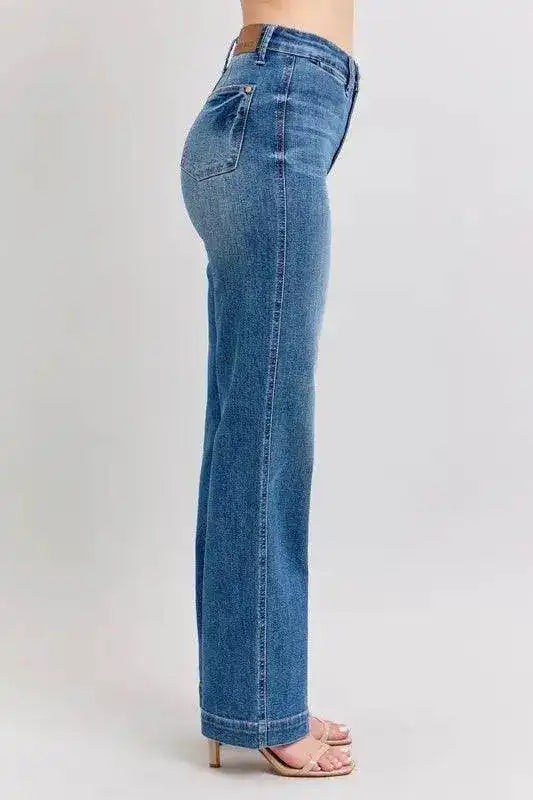 Judy Blue High Waist Contrast Thread Straight 88596 - Sleekdenim.com