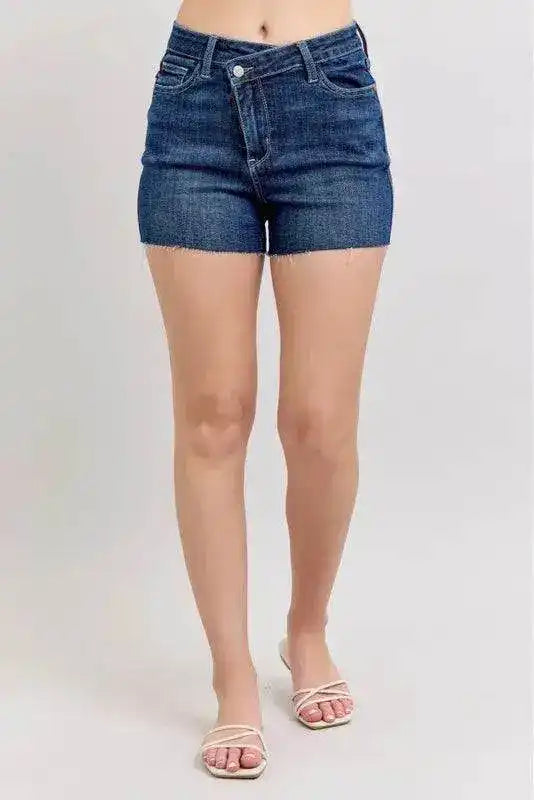 Judy Blue High Waist Criss-Cross Waistband Denim Shorts - Sleekdenim.com