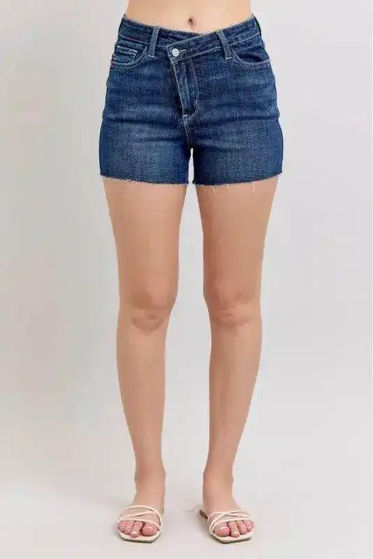 Judy Blue High Waist Criss-Cross Waistband Denim Shorts - Sleekdenim.com