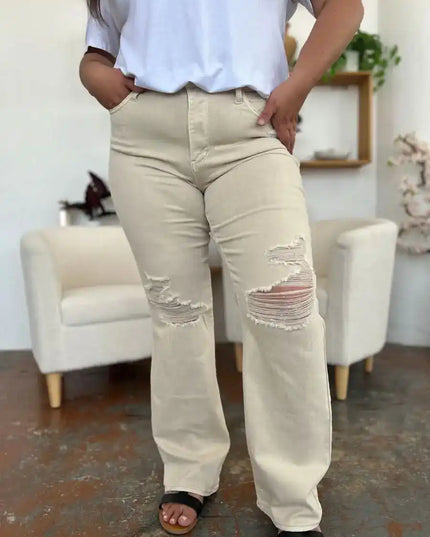 Judy Blue High Waist Distressed Wide Leg Jeans 88823 - Sleekdenim.com