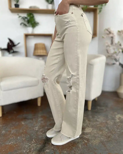 Judy Blue High Waist Distressed Wide Leg Jeans 88823 - Sleekdenim.com