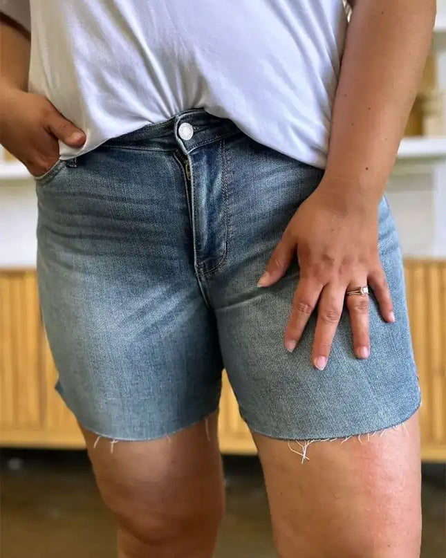 Judy Blue High Waist Raw Hem Denim Shorts 15251 - Sleekdenim.com