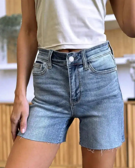 Judy Blue High Waist Raw Hem Denim Shorts 15251 - Sleekdenim.com