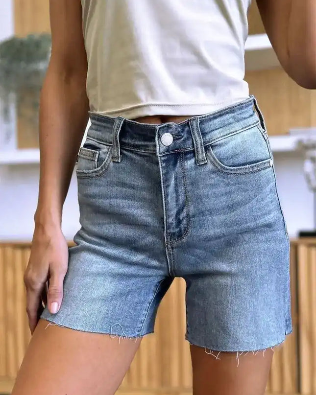 Judy Blue High Waist Raw Hem Denim Shorts 15251 - Sleekdenim.com