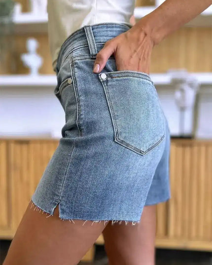 Judy Blue High Waist Raw Hem Denim Shorts 15251 - Sleekdenim.com