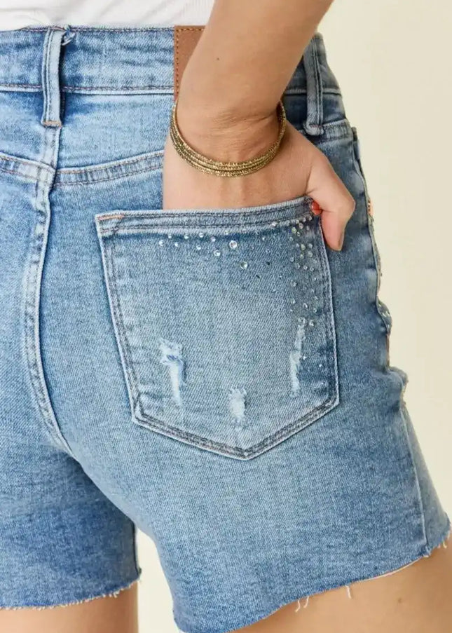 Judy Blue High Waist Rhinestone Decor Denim Shorts 150274 - Sleekdenim.com