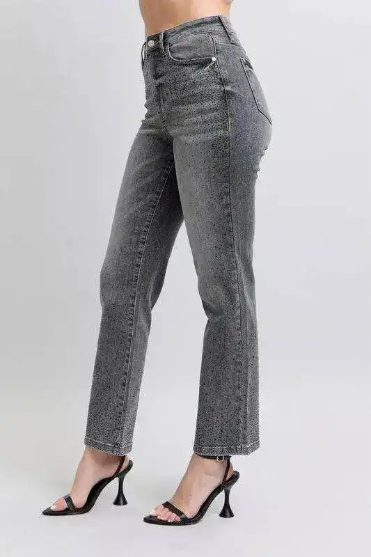 Judy Blue High Waist Rhinestone Straight Jeans 88919 - Sleekdenim.com