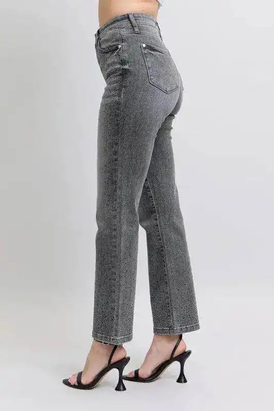 Judy Blue High Waist Rhinestone Straight Jeans 88919 - Sleekdenim.com