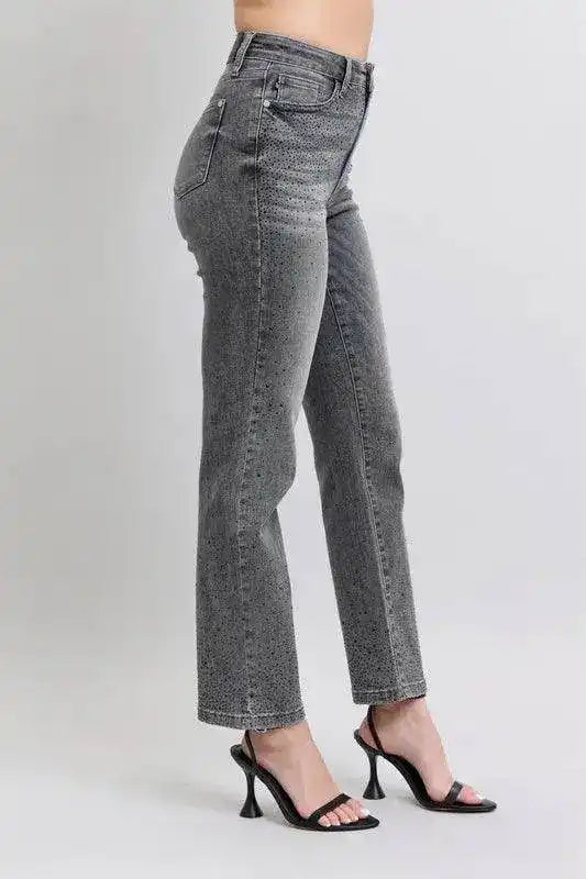 Judy Blue High Waist Rhinestone Straight Jeans 88919 - Sleekdenim.com