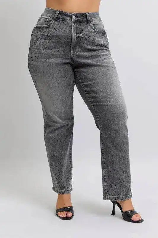Judy Blue High Waist Rhinestone Straight Jeans 88919 - Sleekdenim.com
