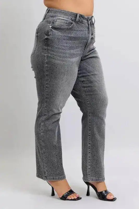Judy Blue High Waist Rhinestone Straight Jeans 88919 - Sleekdenim.com