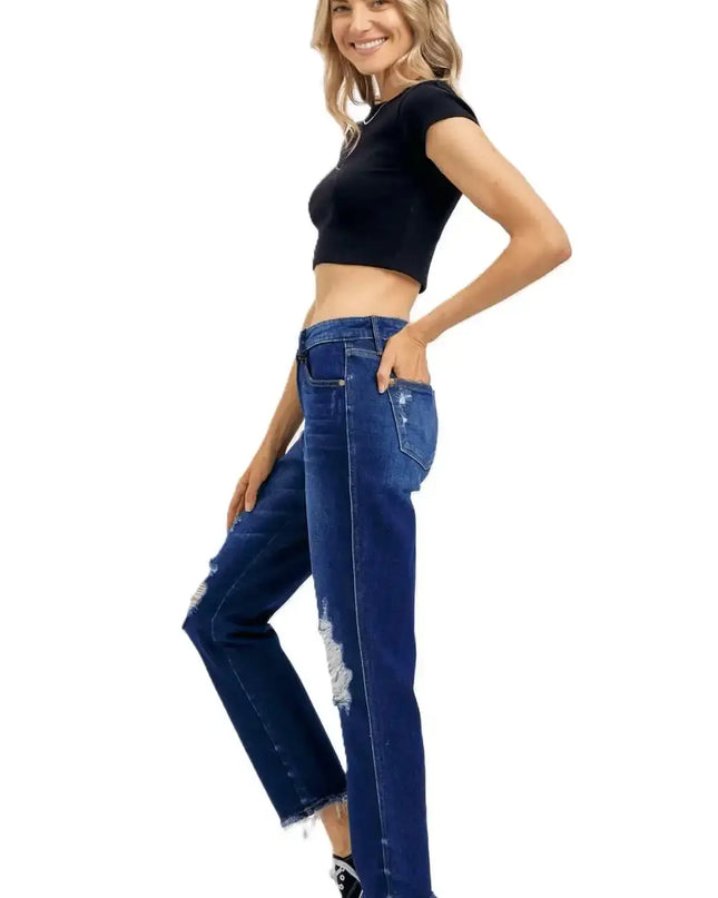 Judy Blue High Waist Rigid Magic Heavy Destroy Straight Jeans 88910 - Sleekdenim.com