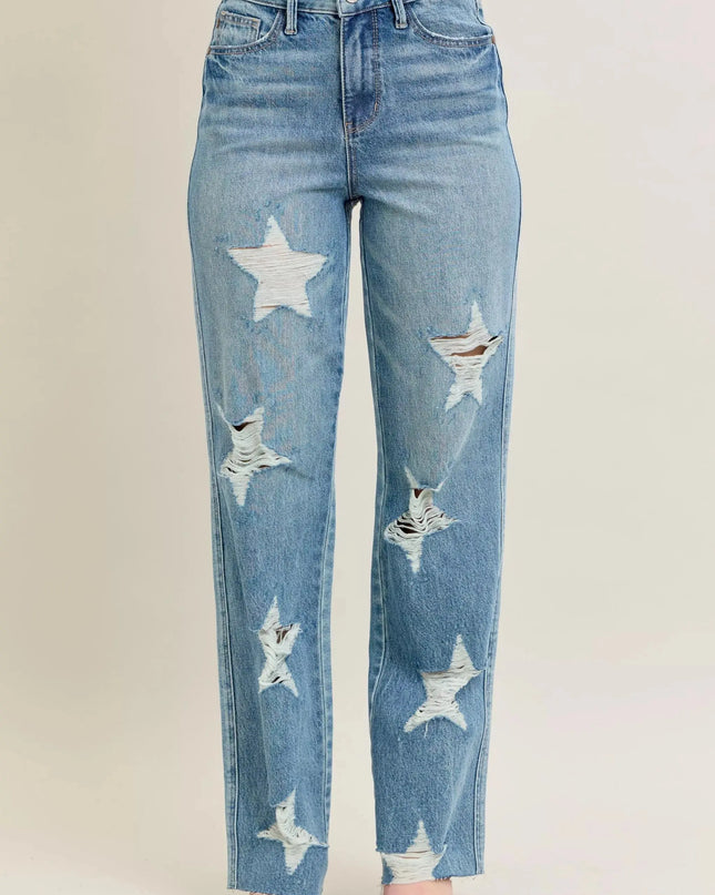 Judy Blue Full Size High Waist Rigid Magic Star Shaped Destroy 90's Straight Jeans Plus Size - Sleekdenim.com