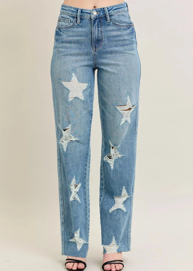 Judy Blue Full Size High Waist Rigid Magic Star Shaped Destroy 90's Straight Jeans Plus Size - Sleekdenim.com