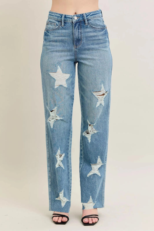 Judy Blue Full Size High Waist Rigid Magic Star Shaped Destroy 90's Straight Jeans Plus Size - Sleekdenim.com