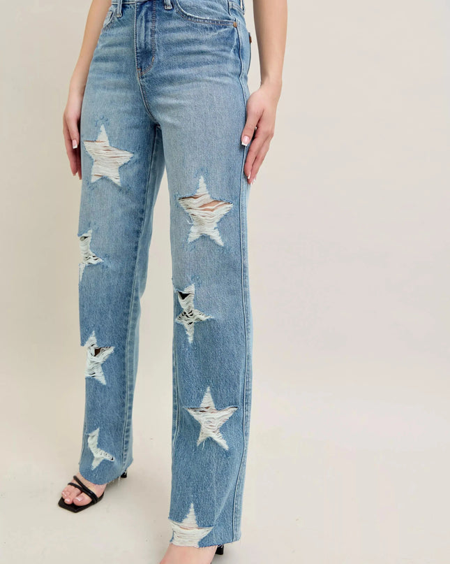 Judy Blue Full Size High Waist Rigid Magic Star Shaped Destroy 90's Straight Jeans Plus Size - Sleekdenim.com