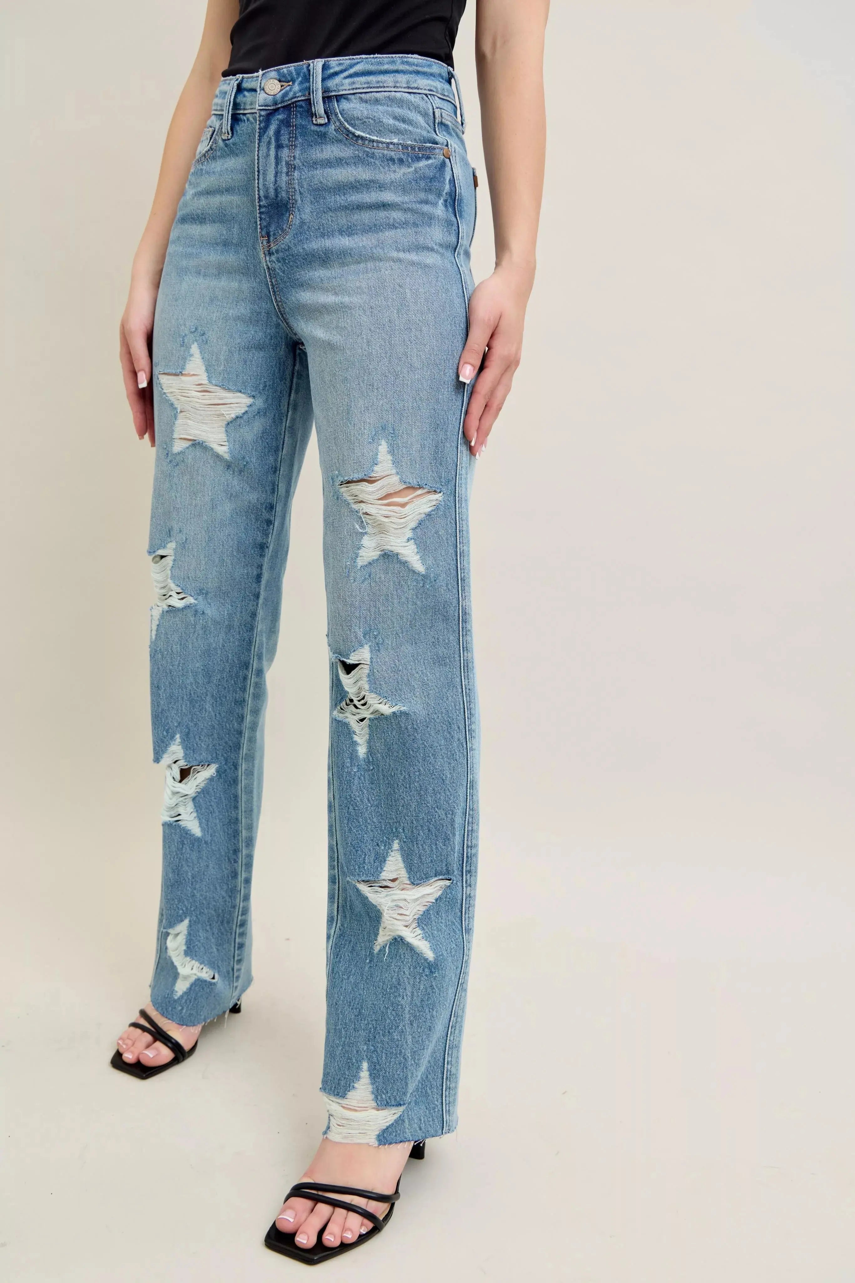 Judy Blue Full Size High Waist Rigid Magic Star Shaped Destroy 90's Straight Jeans Plus Size - Sleekdenim.com