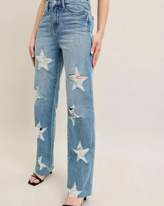 Judy Blue Full Size High Waist Rigid Magic Star Shaped Destroy 90's Straight Jeans Plus Size - Sleekdenim.com