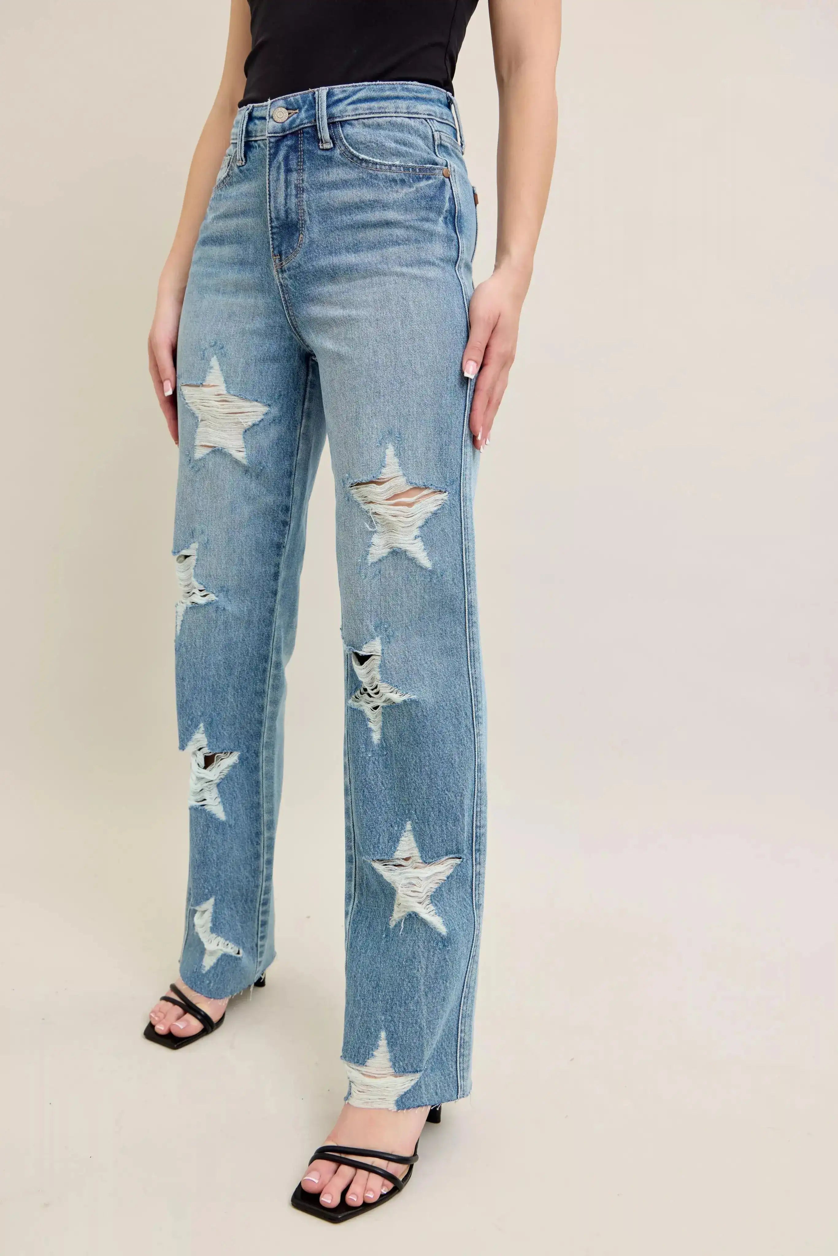 Judy Blue High Waist Rigid Magic Star Shaped Destroy 90's Straight Jeans 88915 - Sleekdenim.com