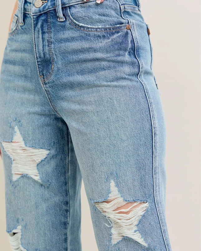 Judy Blue Full Size High Waist Rigid Magic Star Shaped Destroy 90's Straight Jeans Plus Size - Sleekdenim.com