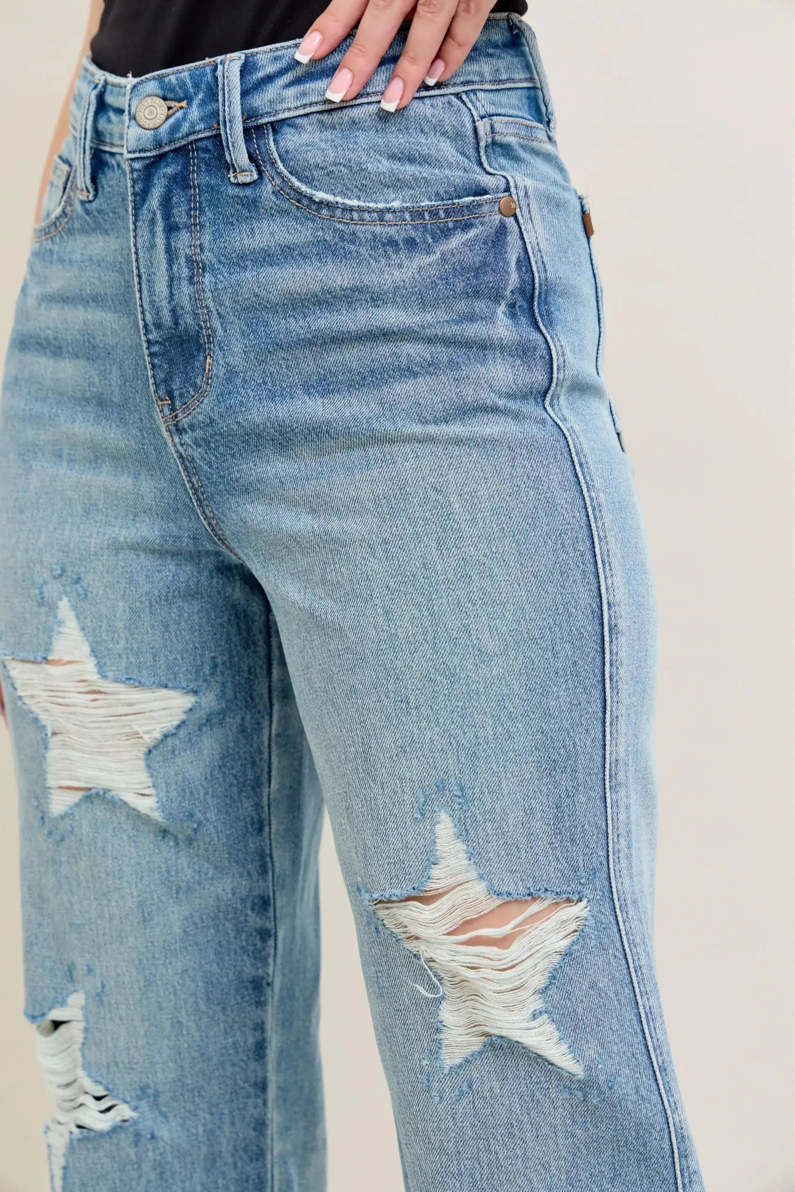 Judy Blue High Waist Rigid Magic Star Shaped Destroy 90's Straight Jeans 88915 - Sleekdenim.com