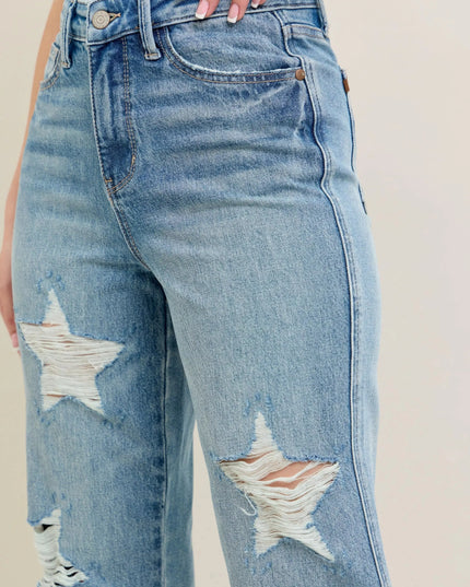 Judy Blue Full Size High Waist Rigid Magic Star Shaped Destroy 90's Straight Jeans Plus Size - Sleekdenim.com