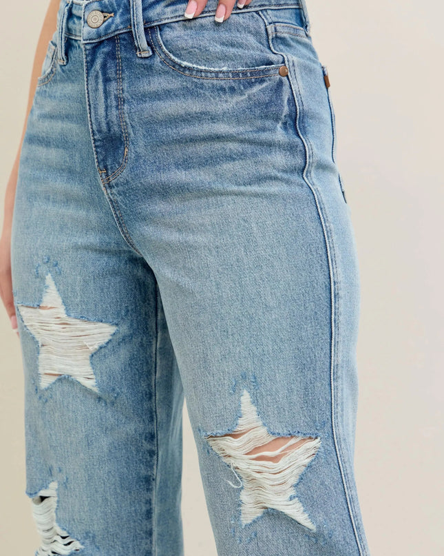 Judy Blue Full Size High Waist Rigid Magic Star Shaped Destroy 90's Straight Jeans Plus Size - Sleekdenim.com