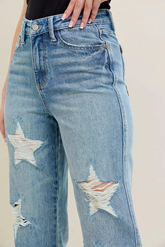 Judy Blue Full Size High Waist Rigid Magic Star Shaped Destroy 90's Straight Jeans Plus Size - Sleekdenim.com